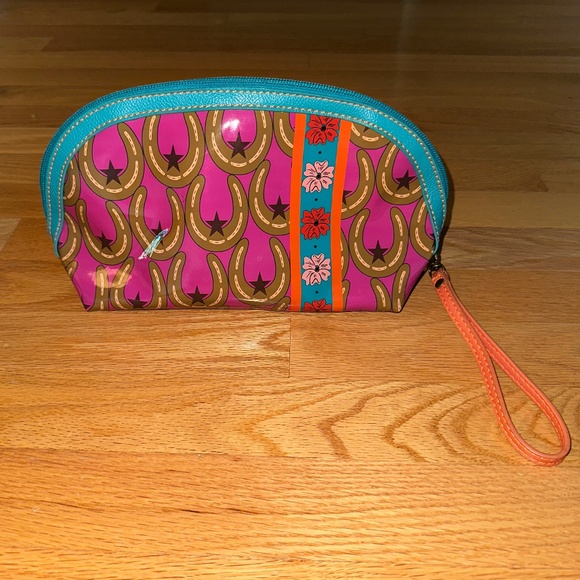 Catchfly Vinyl Cosmetic Bag Wristlet Horseshoes Pink Turquoise - Picture 1 of 10
